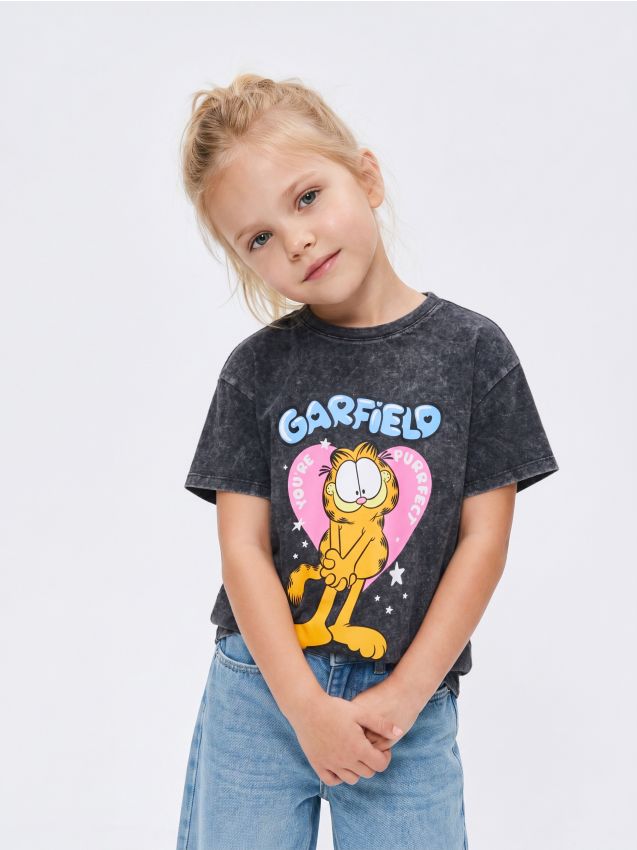 Sinsay - Tricou din bumbac cu imprimeu și efect prespălat Garfield - negru