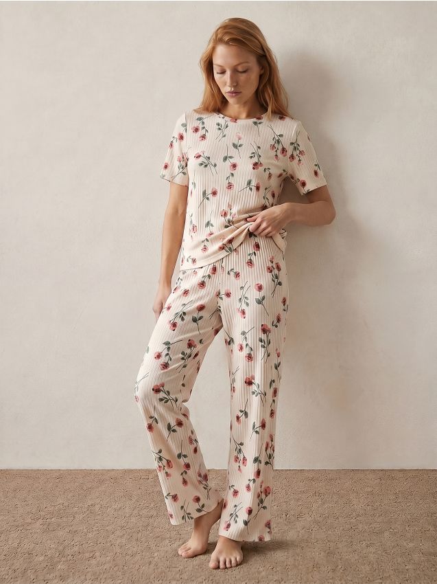 Sinsay - pijama reiată cu model de trandafiri - alb