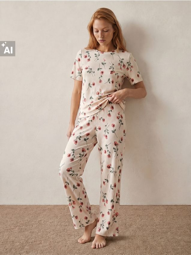 Sinsay - pijama reiată cu model de trandafiri - alb