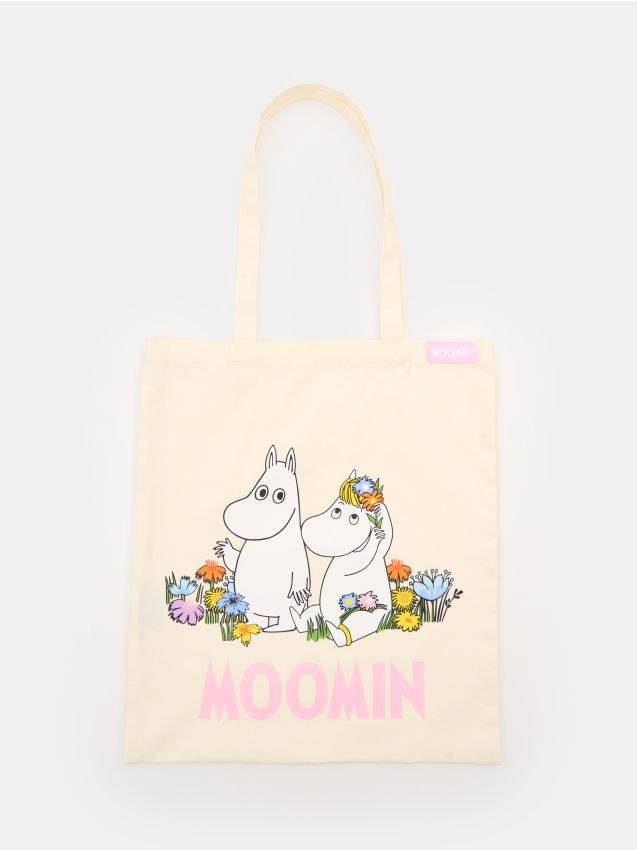 Sinsay - Geantă shopper din material textil cu imprimeu Moomins - crem
