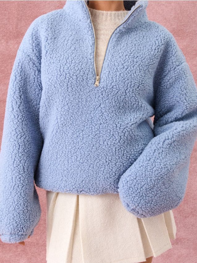 Sinsay - Hanorac sherpa cu guler și fermoar - light blue