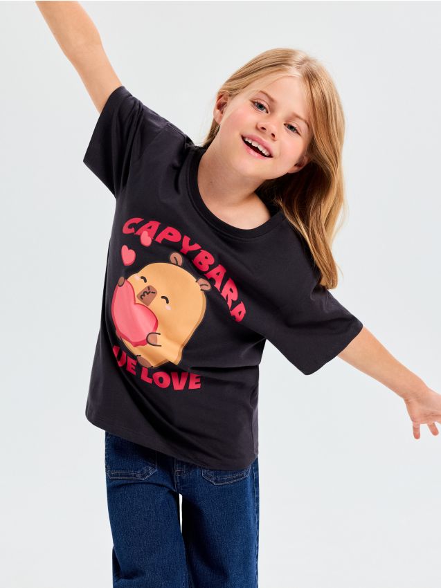 Sinsay - Tricou din bumbac cu imprimeu Capybara - negru