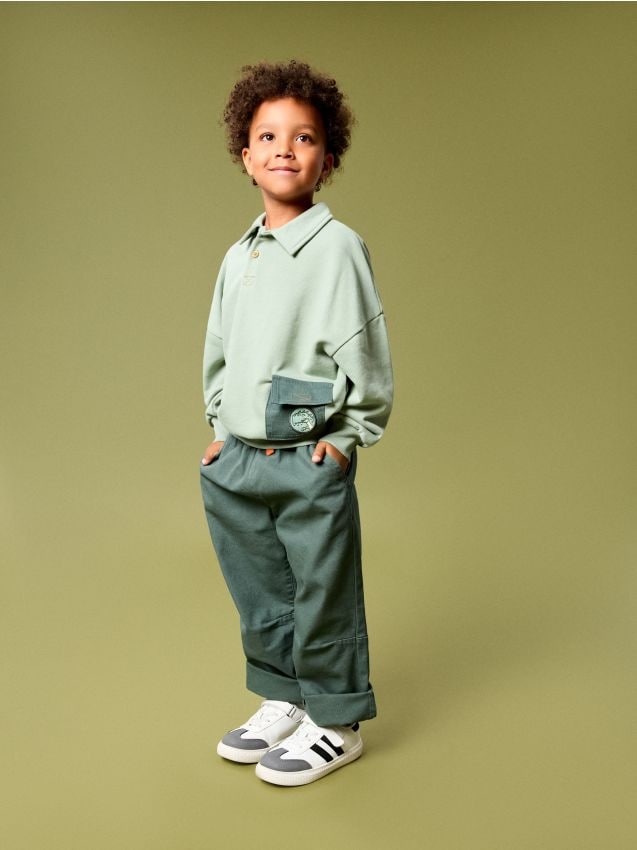 Sinsay - Set cu bumbac: bluză polo și pantaloni - verde-prăfuit