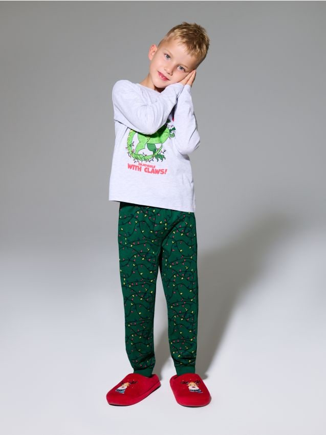 Sinsay - Dvojdielne pyžamo s vianočným dinosaurom - svetlošedá