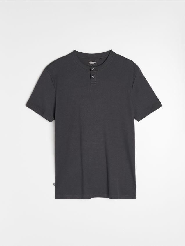 Sinsay - Tricou din bumbac cu mânecă scurtă și decolteu henley - albastru metalizat