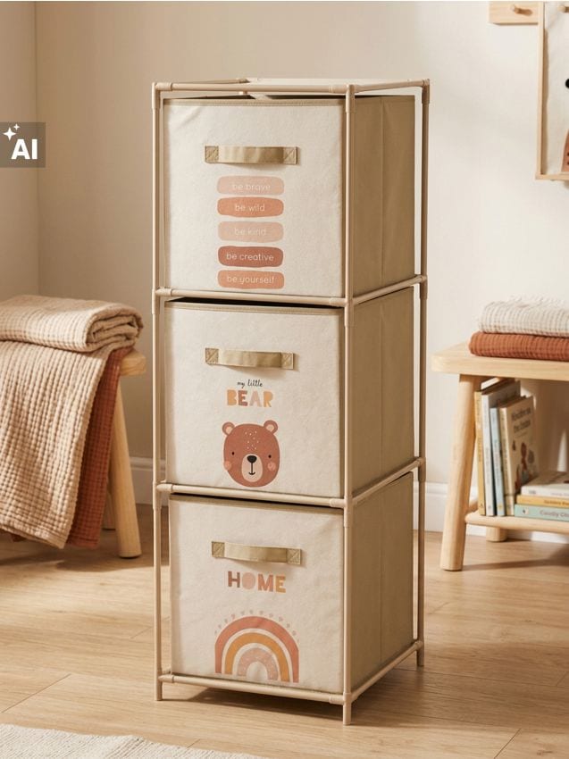 Sinsay - Raft pentru copii cu cutii textile de depozitare cu imprimeu cu urs și curcubeu - nude