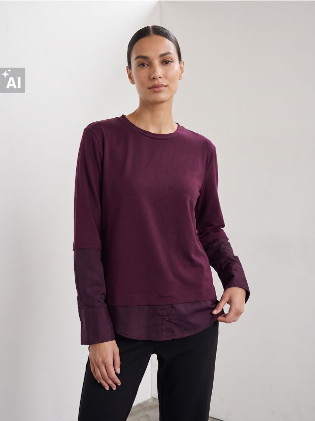 Sinsay - Bluză din bumbac cu imitație de cămașă - mahon
