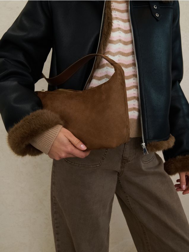 Sinsay - Geantă hobo din imitație de velur - maro-închis