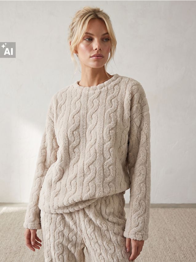 Sinsay - Bluză de pijama din polar cu model torsade în relief - nude