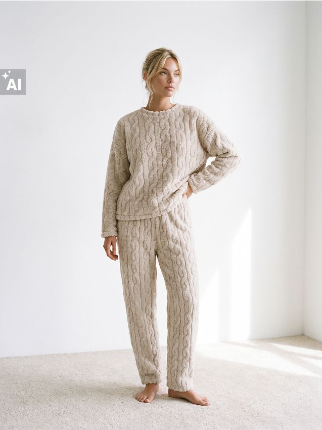 Sinsay - Pantaloni de pijama din polar cu model torsade în relief - nude