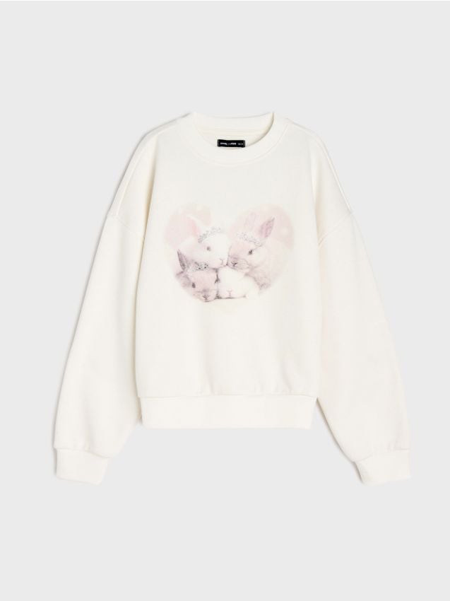 Sinsay - Bluză boxy crewneck cu motiv iepuri - crem