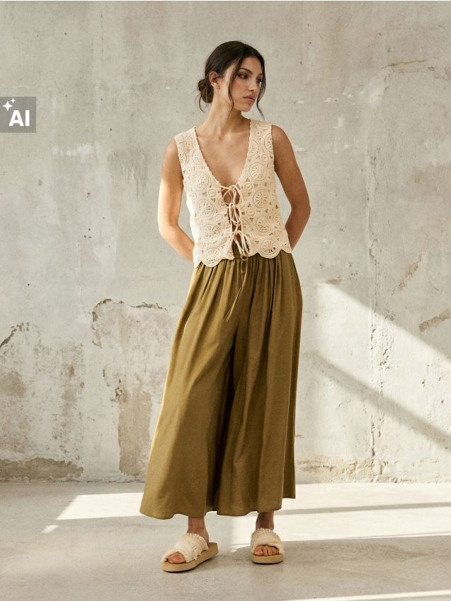 Sinsay - Pantaloni culotte cu vâscoză - verde-oliv deschis