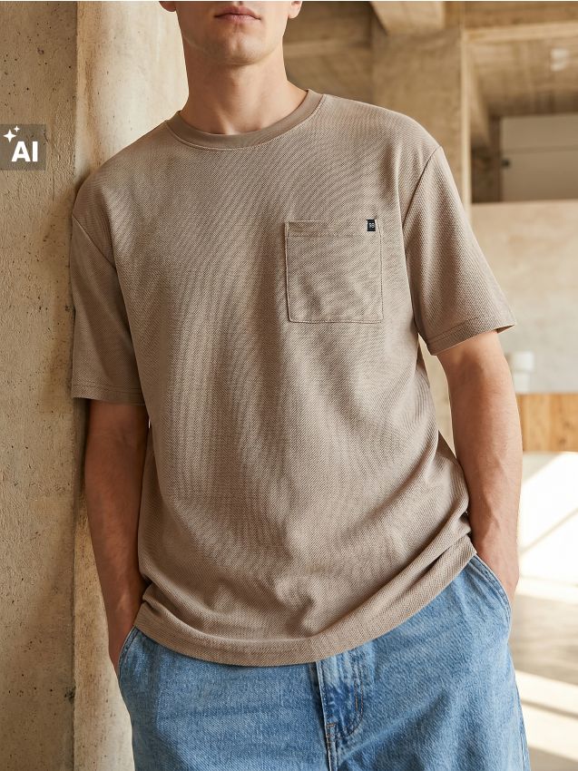 Sinsay - Tricou loose structurat cu bumbac - bej