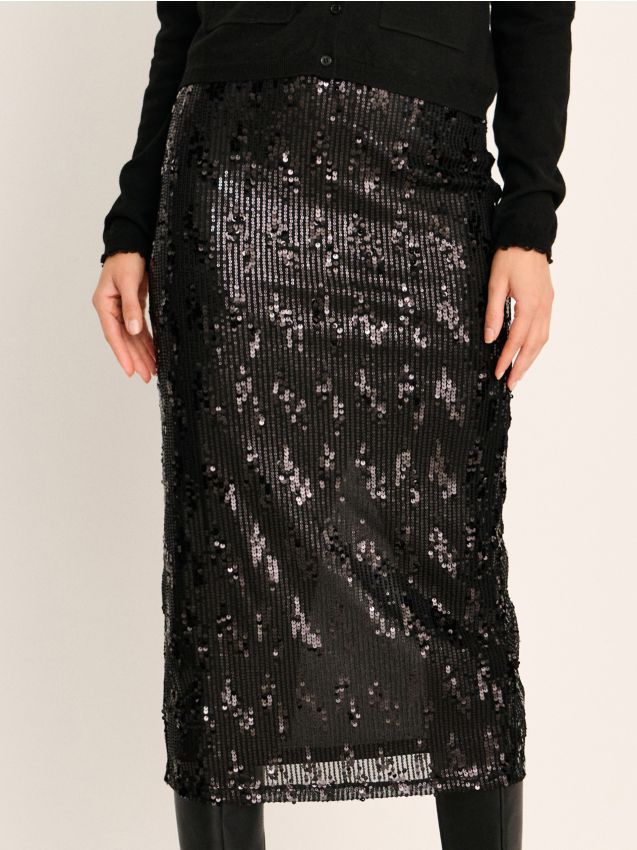 Sinsay - Spódnica midi z cekinami - czarny