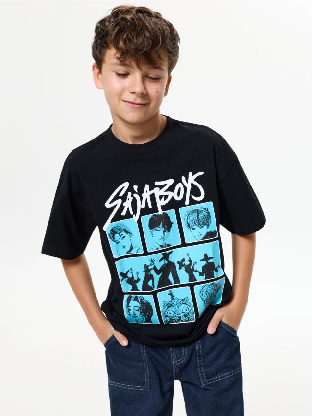 Sinsay - Tricou oversize din bumbac cu imprimeu K-Pop Demon Hunters - negru