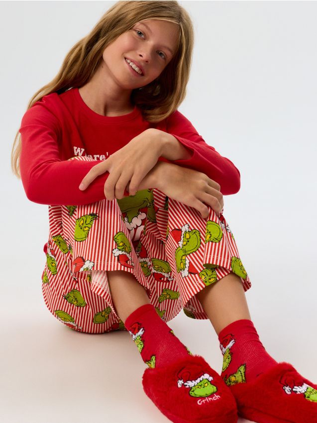 Sinsay - Papuci de casă fără închidere din imitație de blană Grinch - roșu