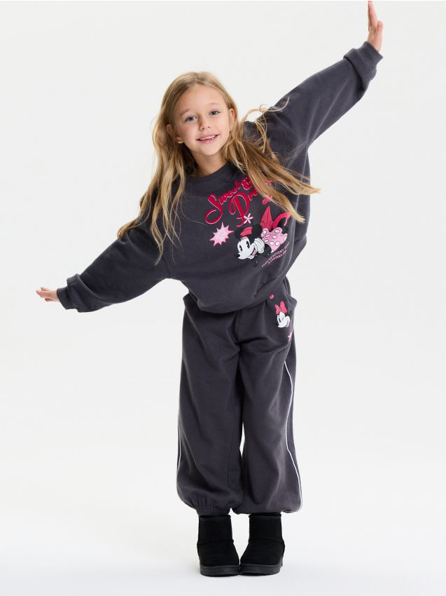 Sinsay - Set din bumbac: bluză crewneck și pantaloni jogger cu imprimeu Minnie Mouse - gri-neutru