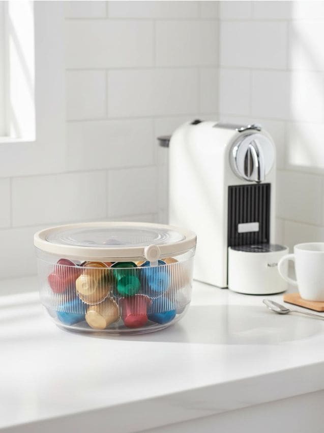 Sinsay - Recipient striat cu capac pentru capsule de cafea - alb
