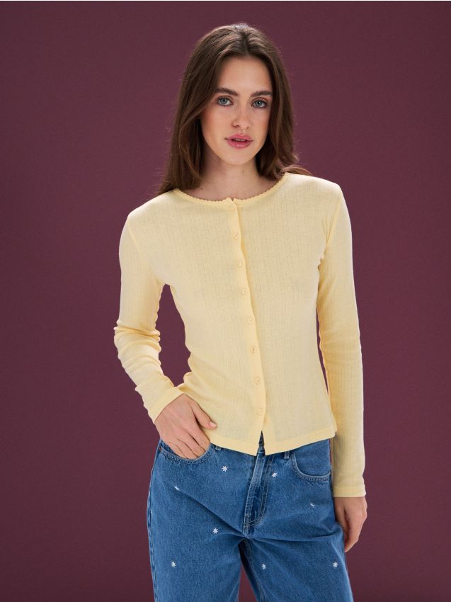 Sinsay - Bluzka z bawełną z długim rękawem - żółty