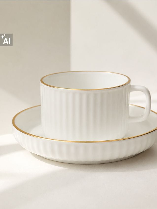 Sinsay - Ceașcă cu farfurioară cu margine aurie decorativă - alb