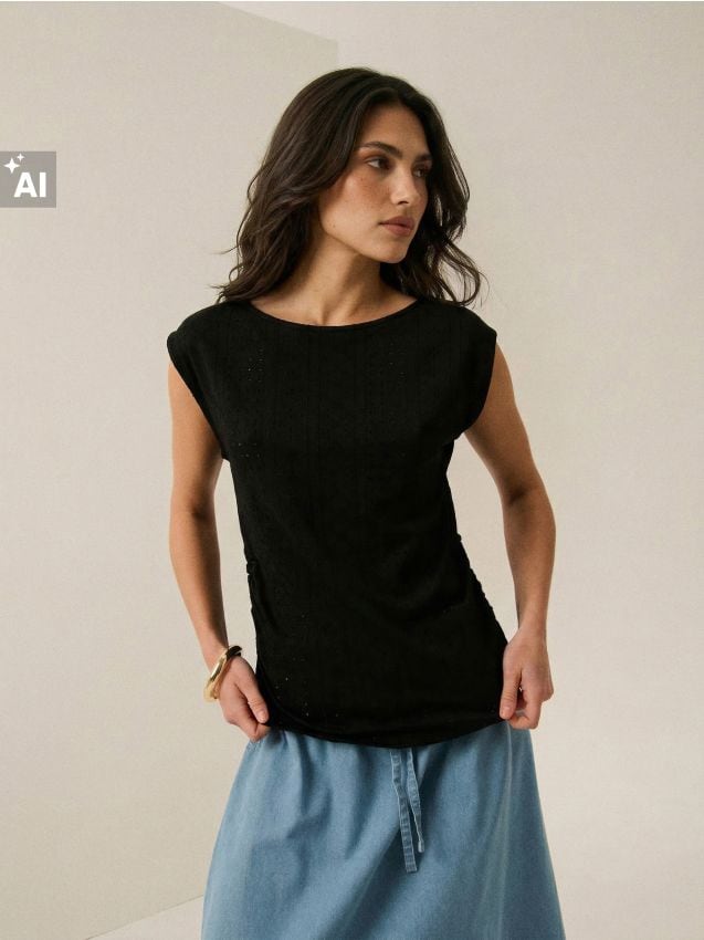 Sinsay - Bluză fără mâneci cu model ажurat - negru