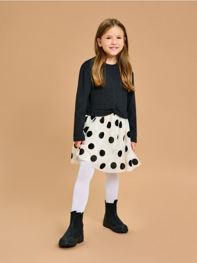 Sinsay - Rochie cu mâneci lungi și fustă din tulle cu buline - negru-antracit