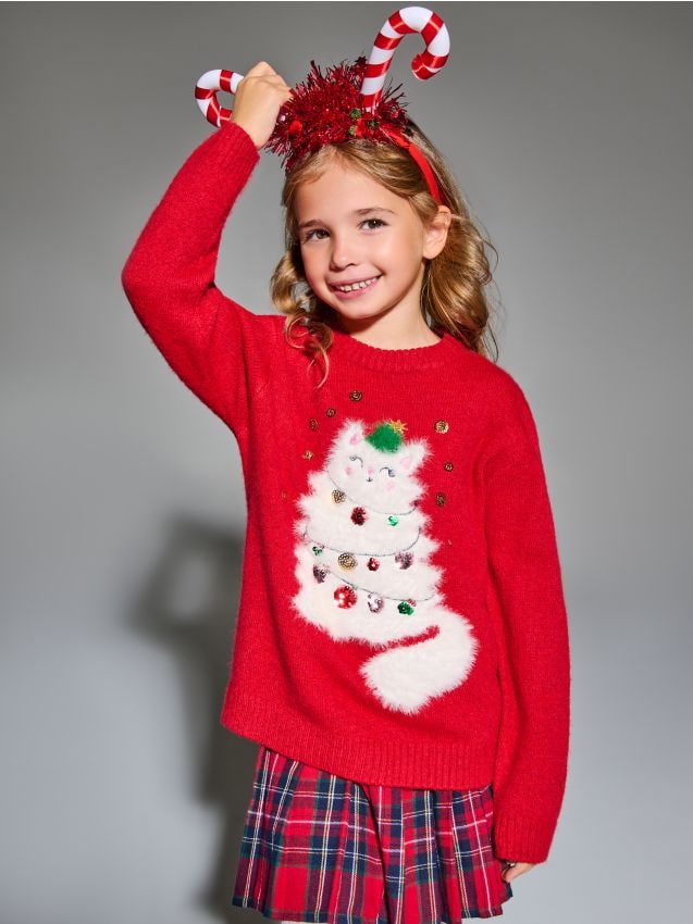 Sinsay - Vianočný sveter s mačkou ozdobenou flitrami - červená