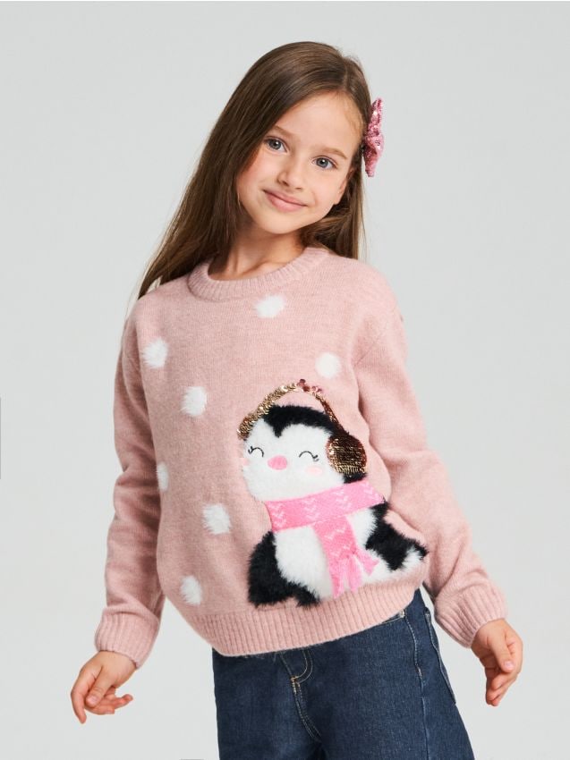 Sinsay - Vianočný sveter s pingvinom ozdobeným flitrami - pastelová ružová