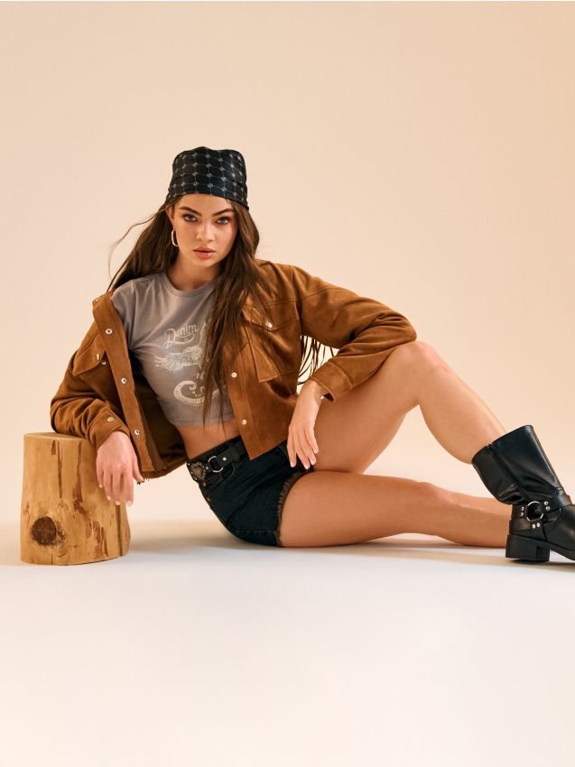 Sinsay - Crop top din bumbac cu imprimeu - gri deschis