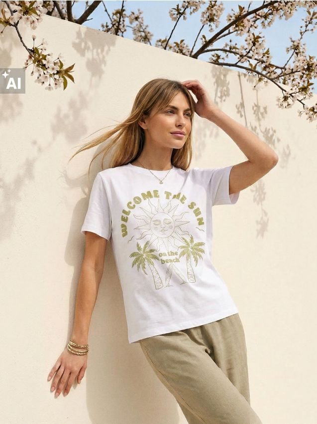 Sinsay - Tricou cu imprimeu - alb