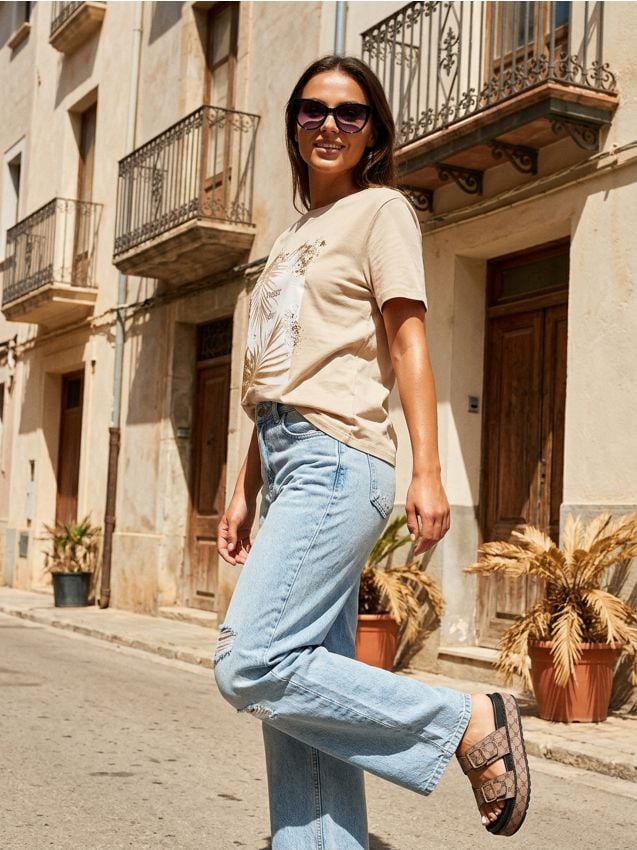 Sinsay - Tricou din bumbac cu imprimeu metalic - nude