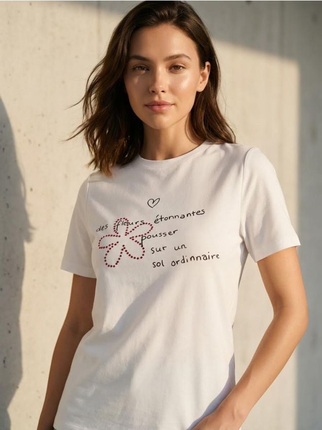 Sinsay - Tricou cu mânecă scurtă - crem