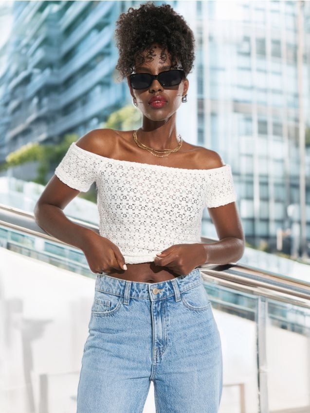 OXKNIT Schulterfreies Strickoberteil Damen - Vintage Geometrie Jacquard Baumwolle