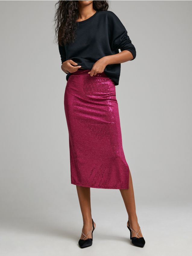 Sinsay - Flitrová midi sukňa s rozparkom - horúca ružová