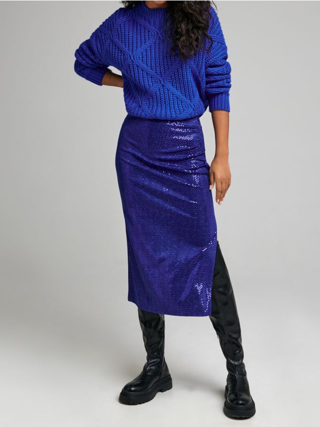 Sinsay - Flitrová midi sukňa s rozparkom - indigová