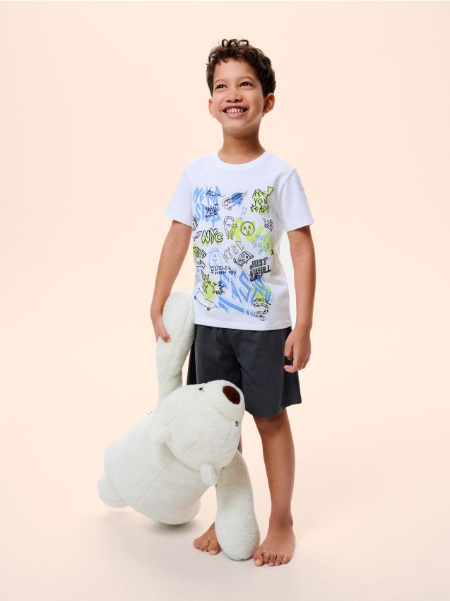 Sinsay - Pijama din bumbac în două piese cu imprimeu - alb