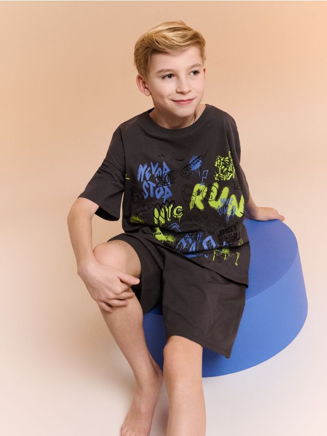 Sinsay - Pijama din bumbac în două piese cu imprimeu - gri-închis