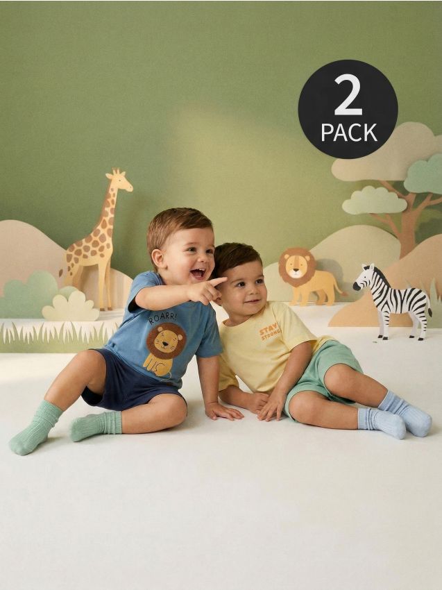 Sinsay - Tricouri din bumbac cu imprimeu de leu 2 pack - galben-deschis