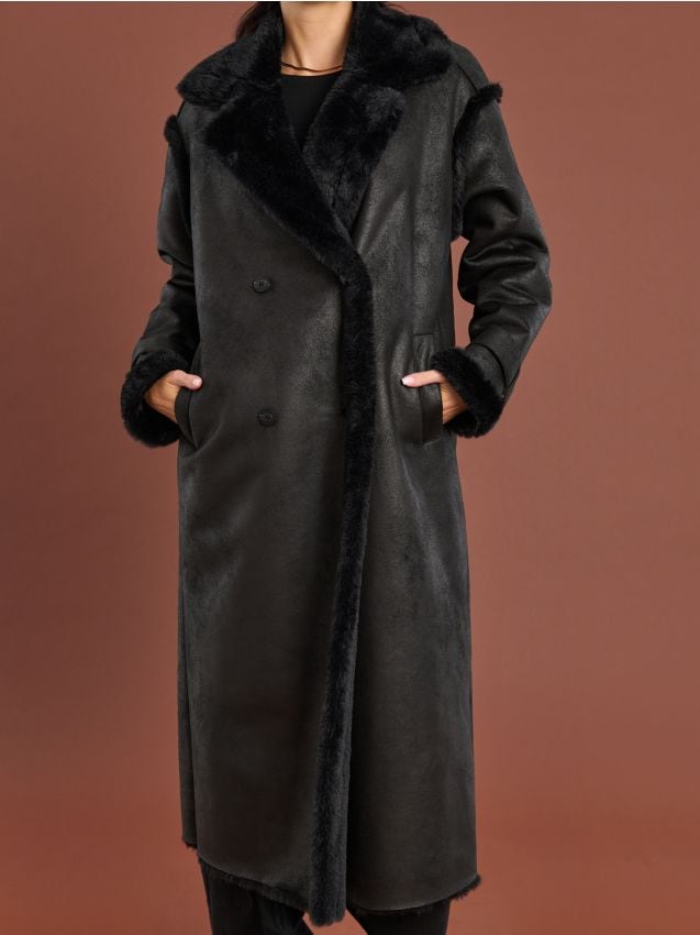 Sinsay - Dlhý kabát z imitácie kože - čierna