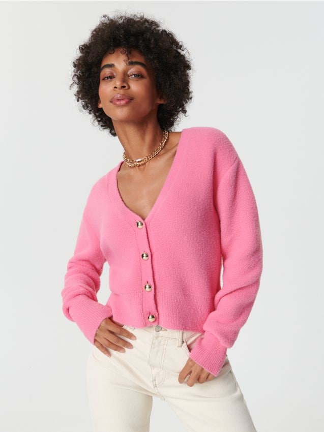 Cardigan cu nasturi decorativi Culoare roz-fuchsia - SINSAY
