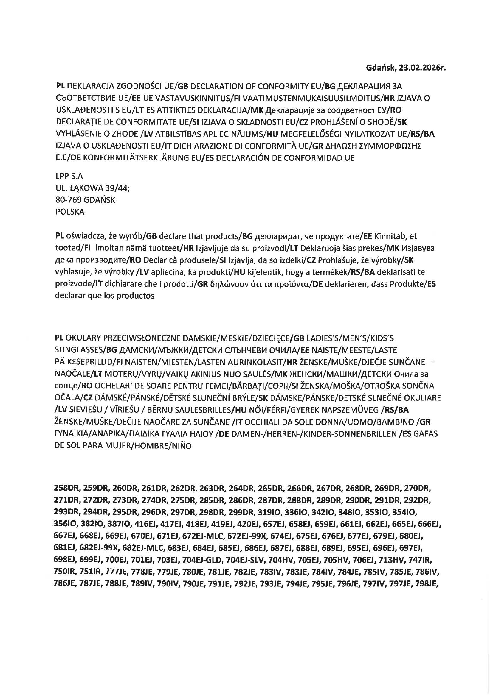 Declaration of Conformity Sunglasses 1